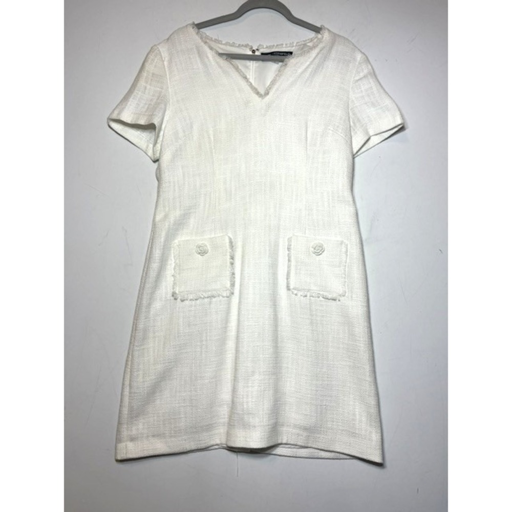 Karl Lagerfeld Paris Fit and Flare Floral Decoration White Tweed Dress Sz S 12